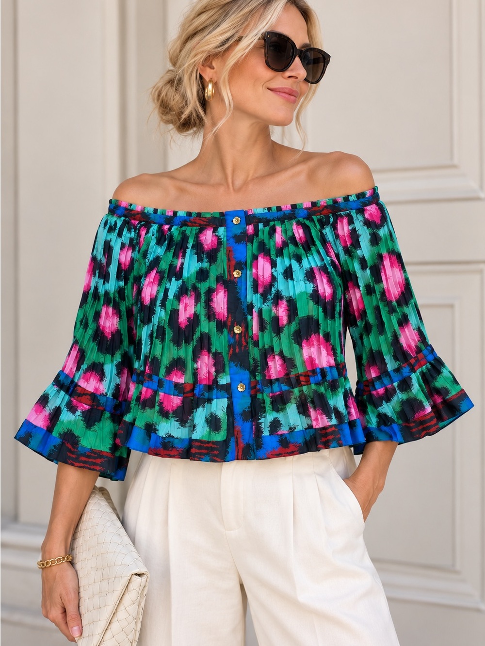 KENZO x H&M Pleated Floral Print Blouse Green Pink Blue Size 6